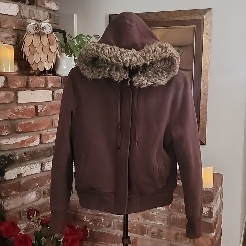 Vintage Y2K Anchor Blue Brown Faux Fur Trim Hooded Bomber Jacket